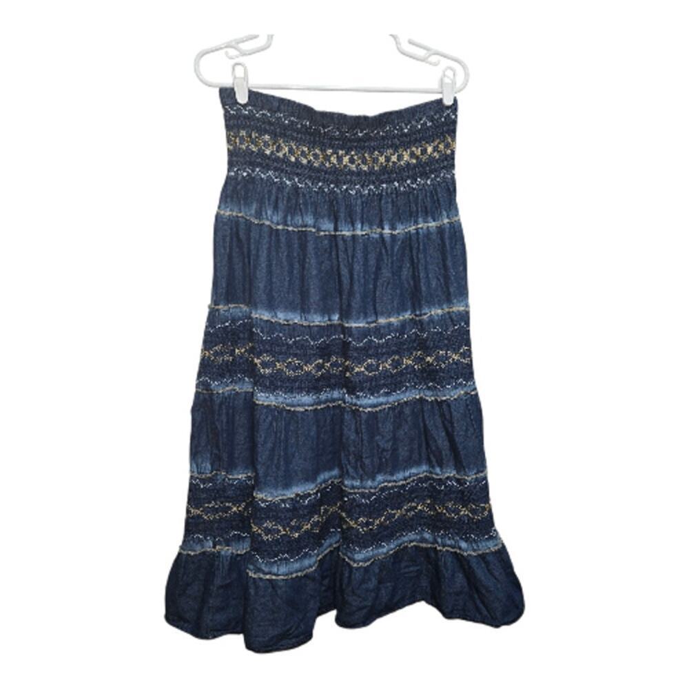 DREFBURY Embroidered Tiered Denim Maxi Skirt XL - Picture 2 of 9